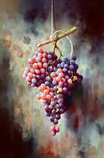 Colgando Uvas Rojas by J M Reyes - Original Painting on Board
